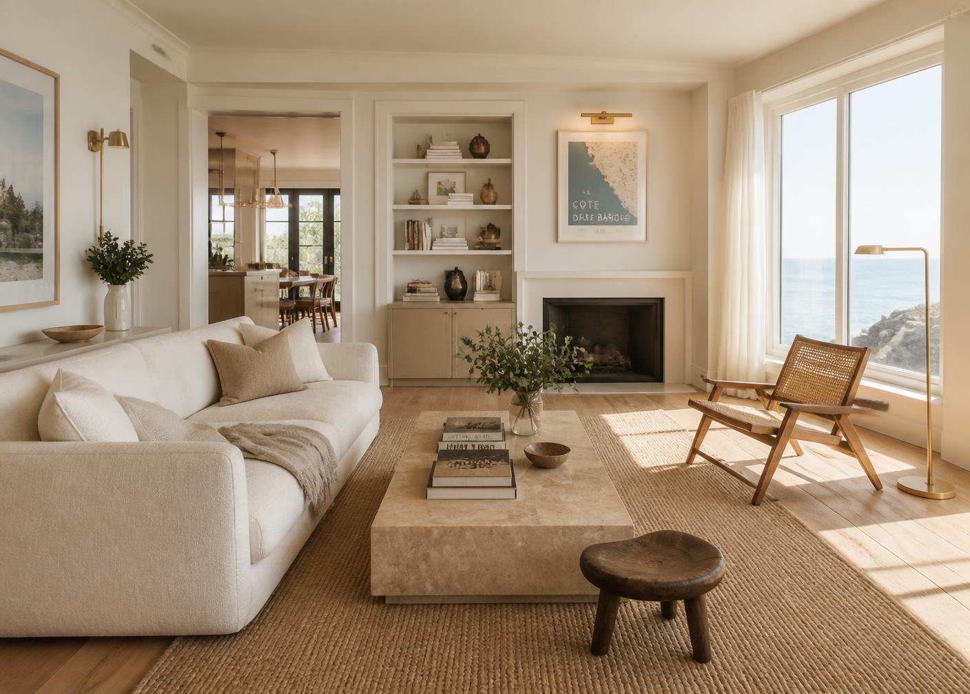 Intérieur lumineux d'un appartement de prestige avec vue océan