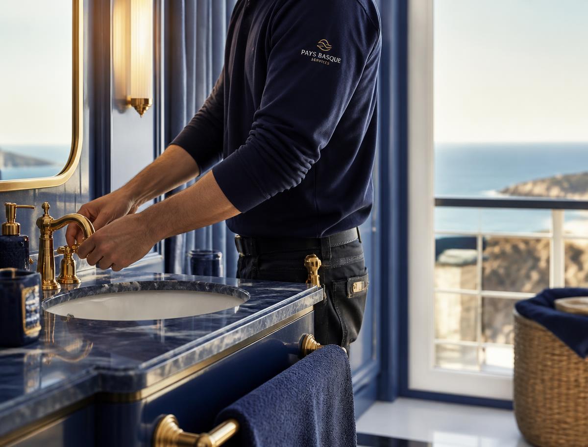 Artisan professionnel intervenant dans une salle de bain haut de gamme avec vue océan
