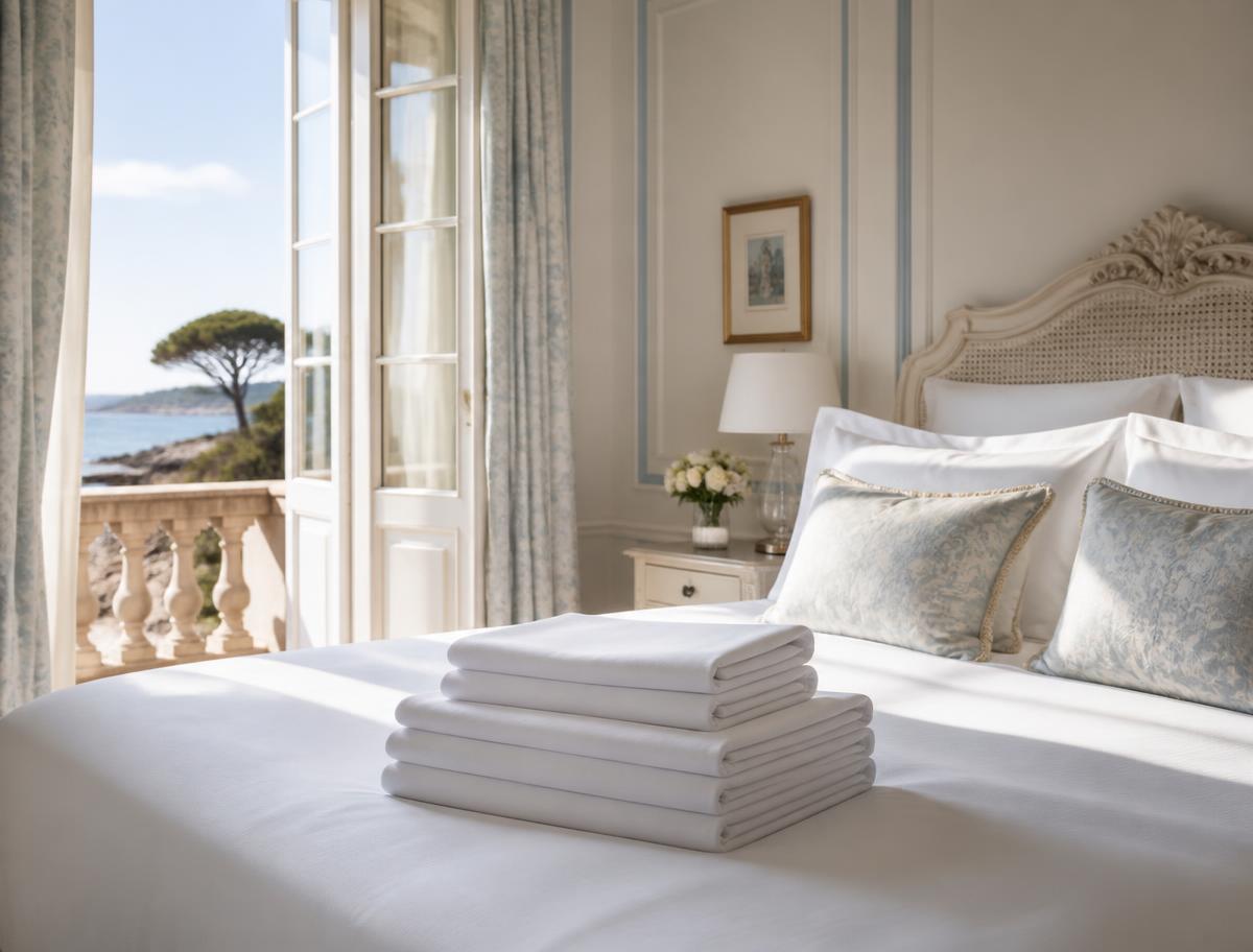 Chambre lumineuse avec linge hôtelier fraîchement plié sur le lit
